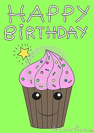 Happy birthday card with live green cute cupcake Vector Illustration